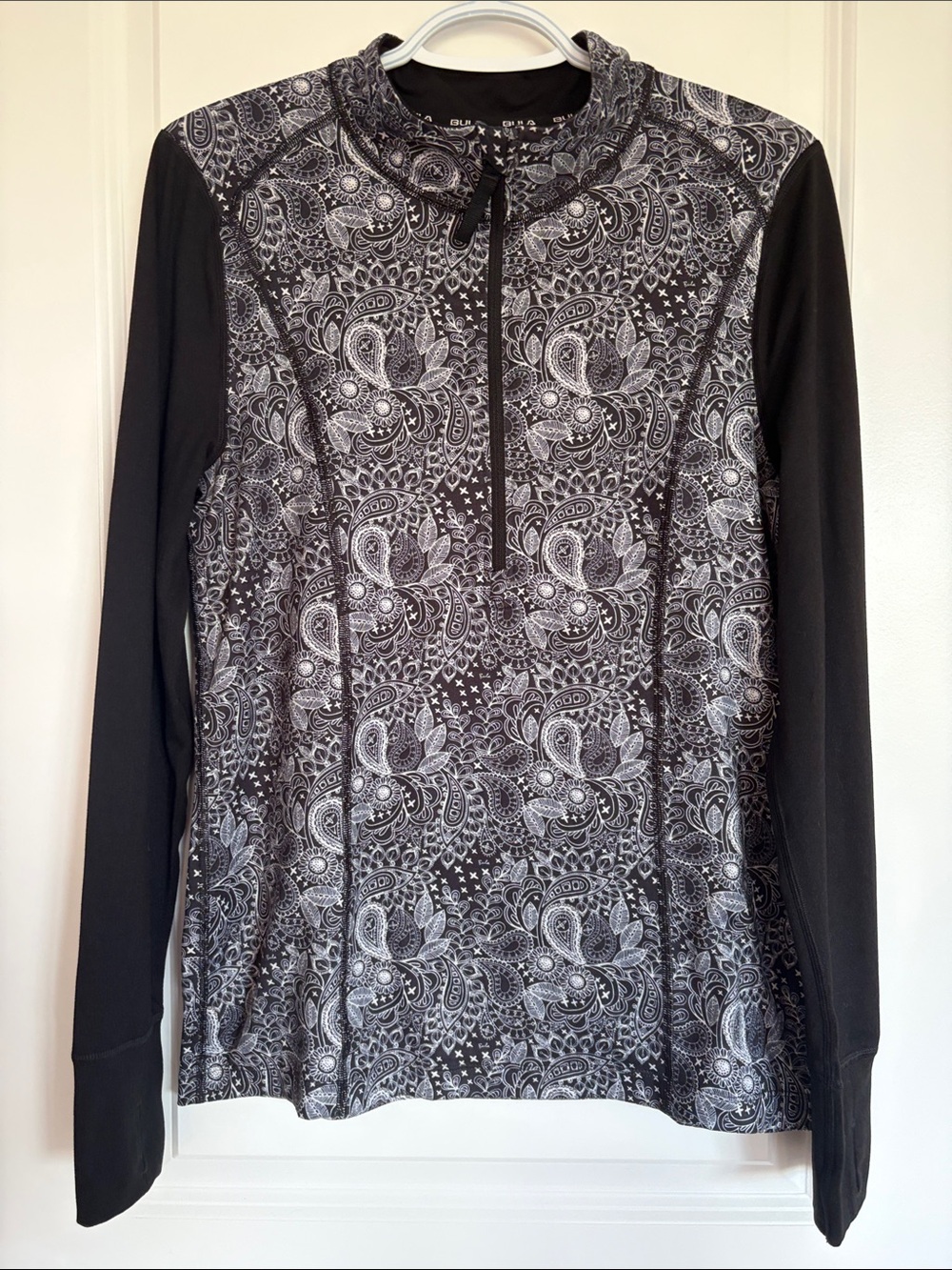 Paisley-Print Quarter Zip Long Sleeve Top - Black/White.  C14